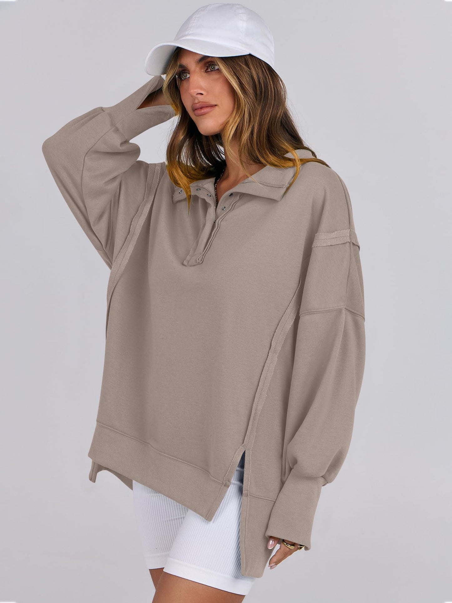 ANRABESS Women's Sweatshirts Oversized Casual Loose Button Up Henley Pullover Top High Low Split 2024 Fall Fashion Outfits