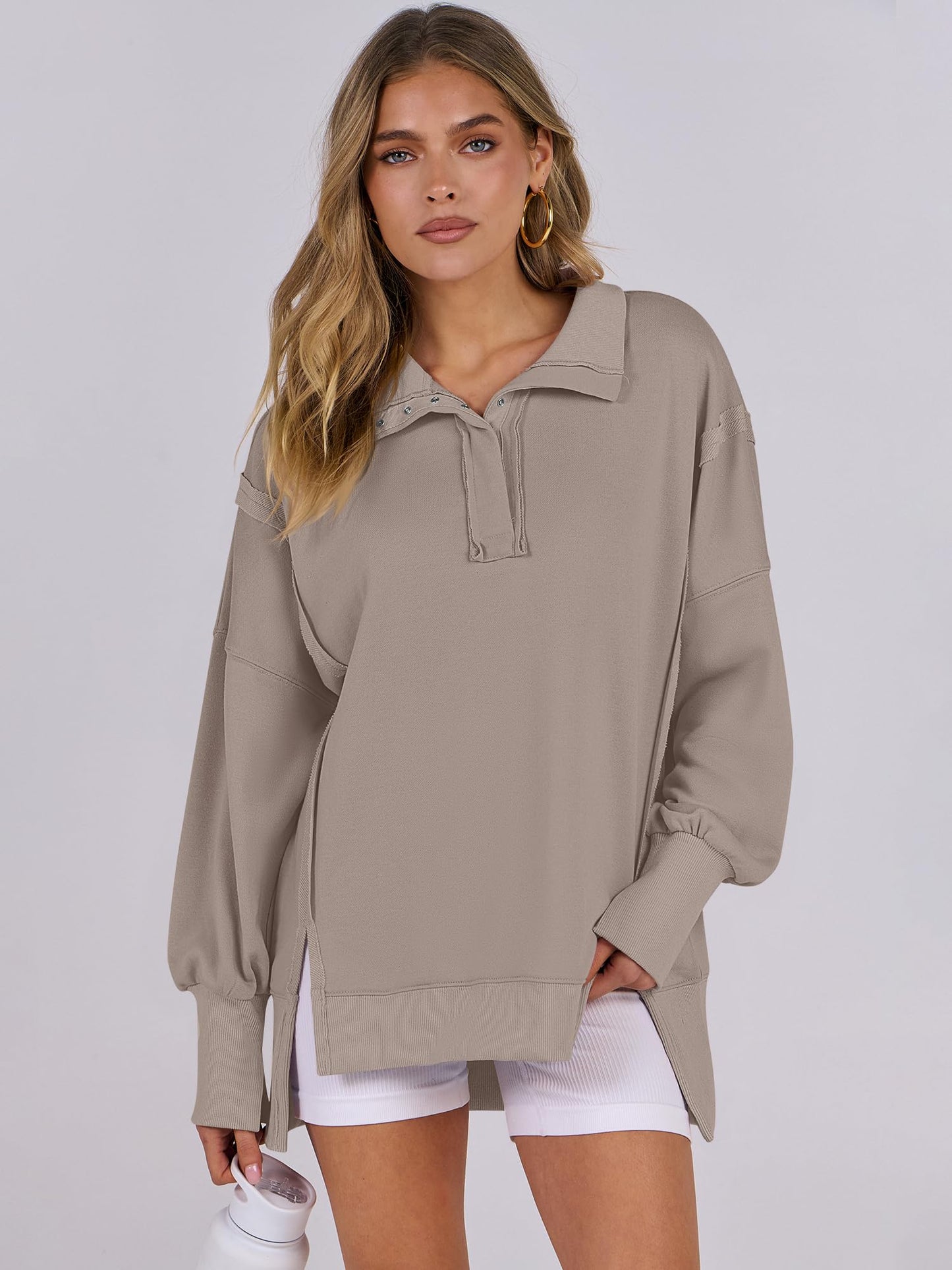 ANRABESS Women's Sweatshirts Oversized Casual Loose Button Up Henley Pullover Top High Low Split 2024 Fall Fashion Outfits