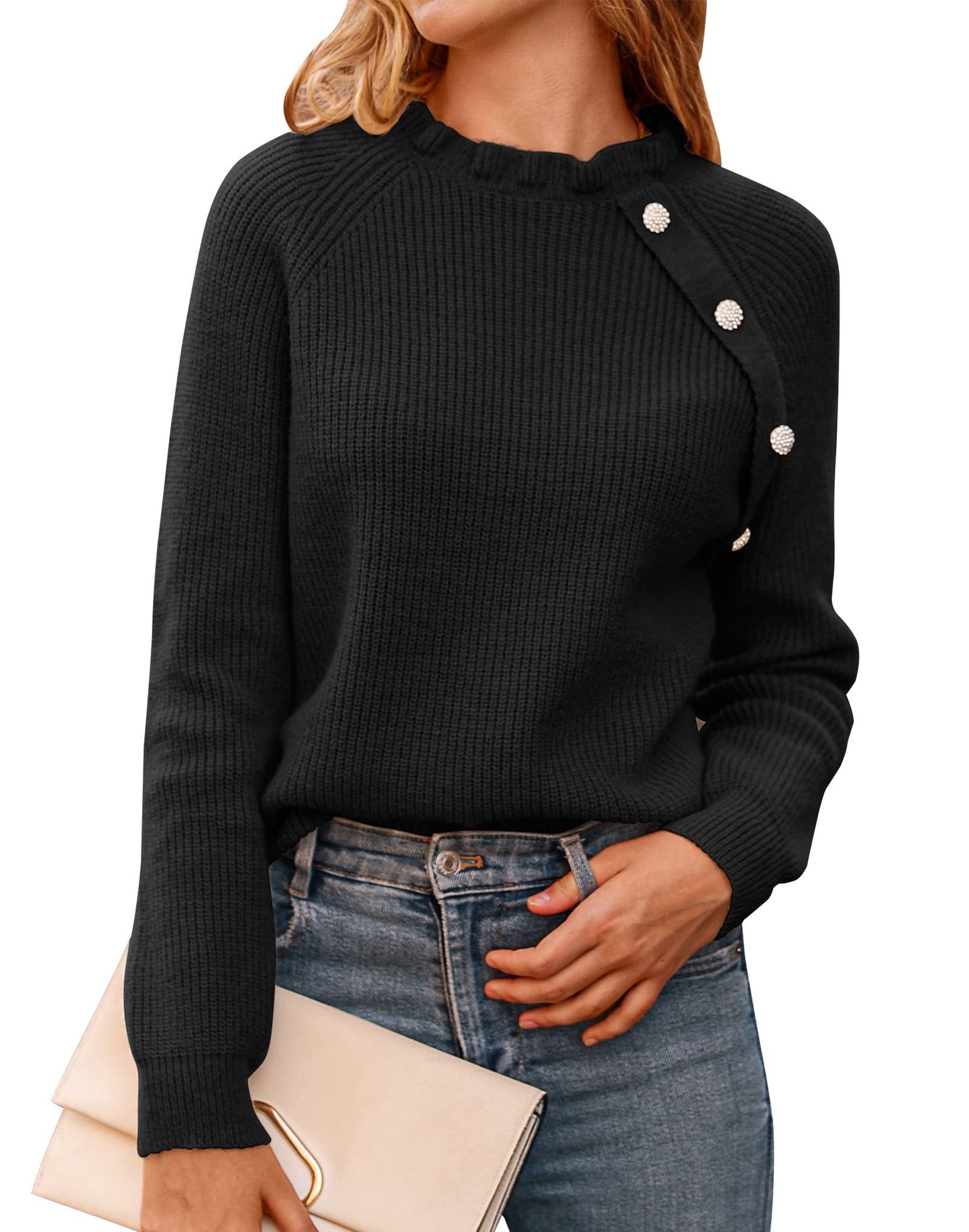 BTFBM 2024 Womens Sweaters Fall Winter Outfits Long Sleeve Button Down Ruffle Crew Neck Casual Knitted Pullover Tops