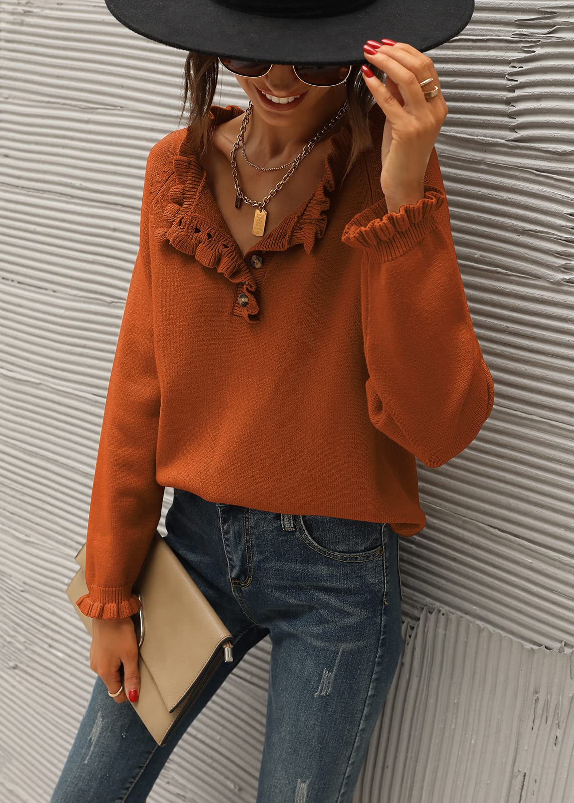 BTFBM 2024 Womens Sweaters Fall Winter Outfits Long Sleeve Button Down Ruffle Crew Neck Casual Knitted Pullover Tops