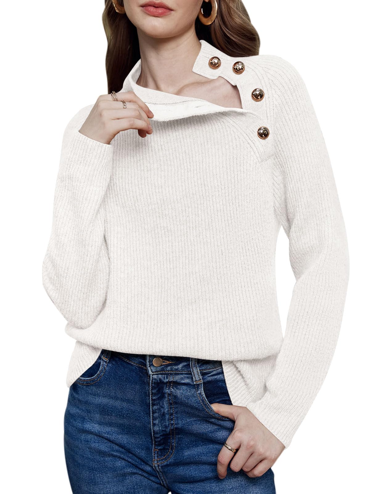 Women's Long Sleeve Ribbed Knit Sweater 2024 Fall Winter Casual Turtleneck Pullover Tops with Metal Buttons