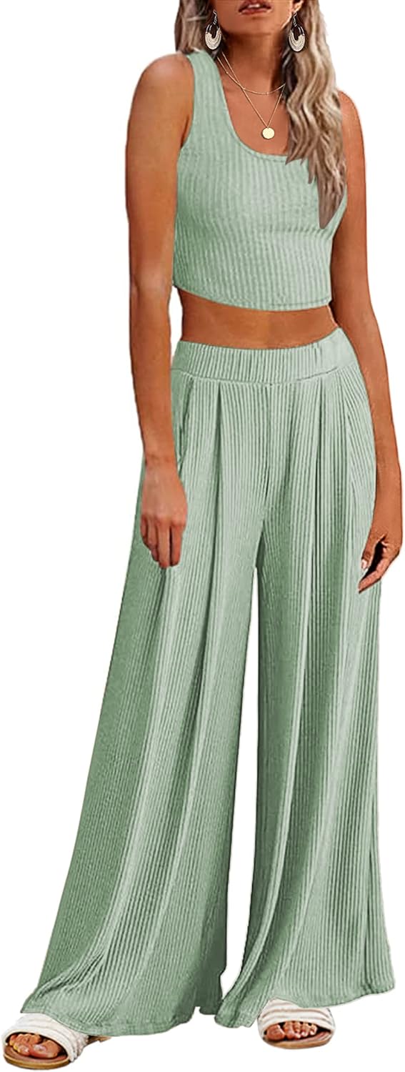 Ekouaer Women's Pajamas 2 Piece Lounge Set Ribbed Knit Loungewear Sleeveless Tank Top Wide Leg Pants