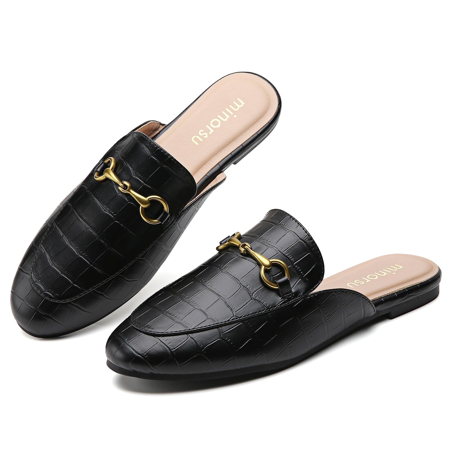 Minorsu Buckle Mules for Women Round Toe Backless Flat Mules Slides Mules Shoes Ladies Slip-on Loafers