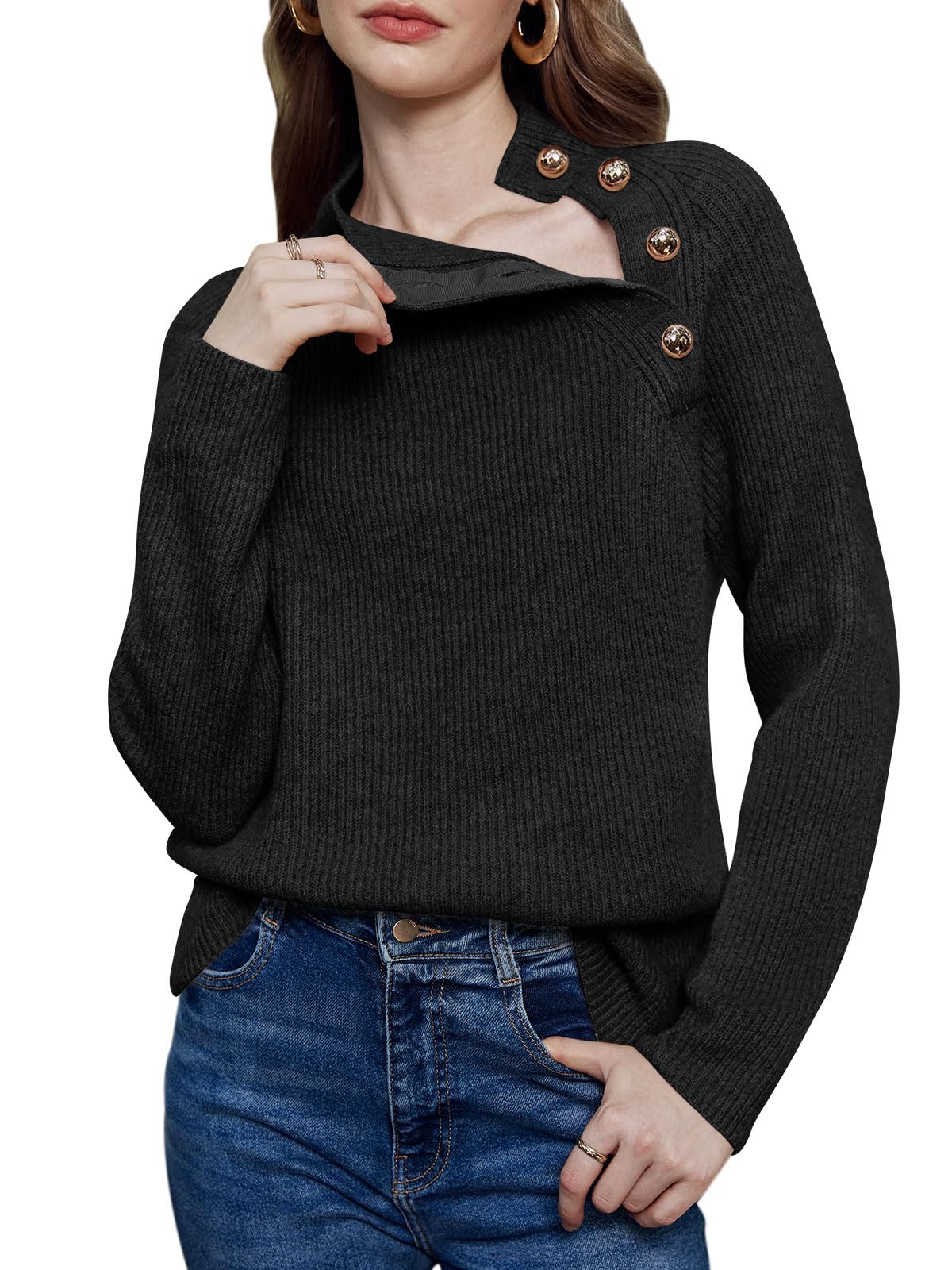 Women's Long Sleeve Ribbed Knit Sweater 2024 Fall Winter Casual Turtleneck Pullover Tops with Metal Buttons