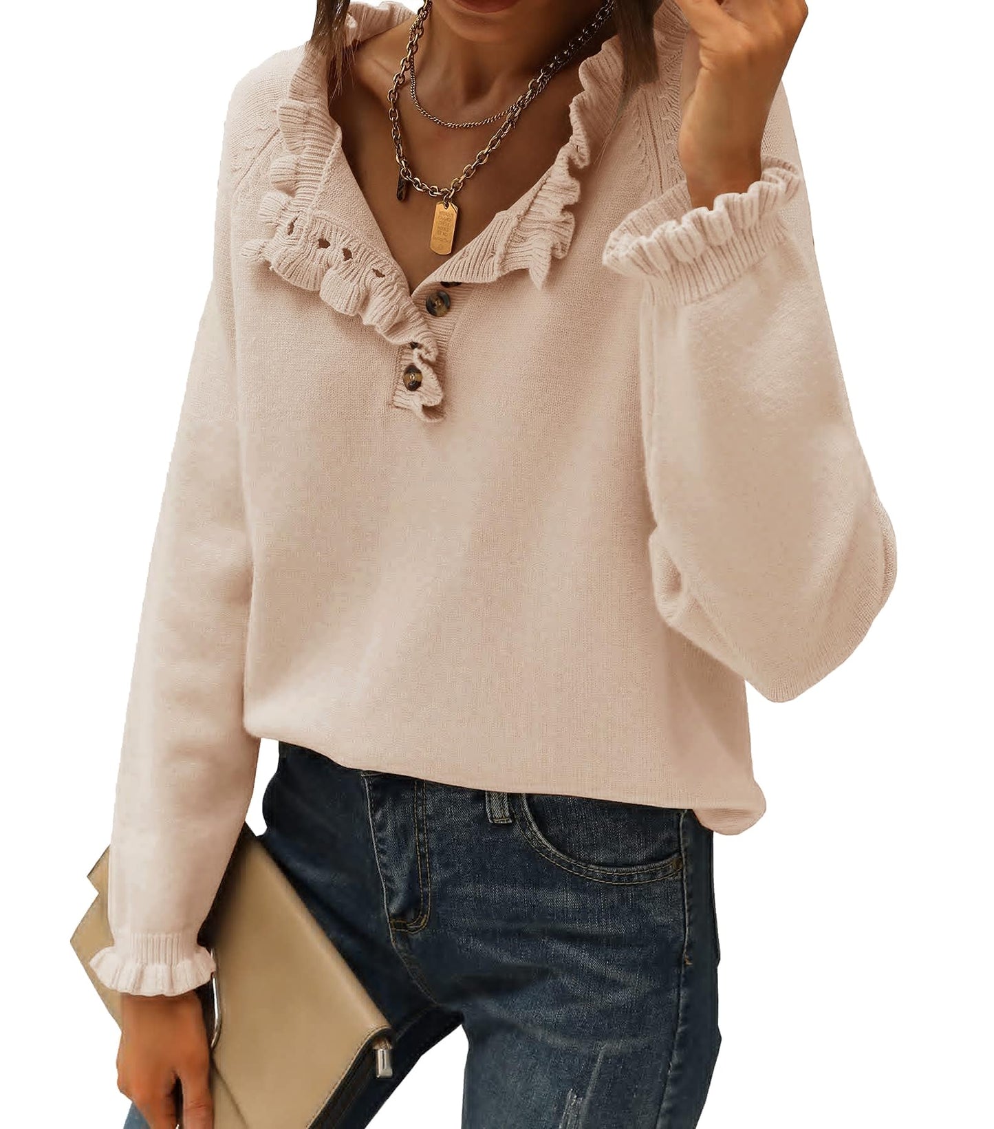 BTFBM 2024 Womens Sweaters Fall Winter Outfits Long Sleeve Button Down Ruffle Crew Neck Casual Knitted Pullover Tops