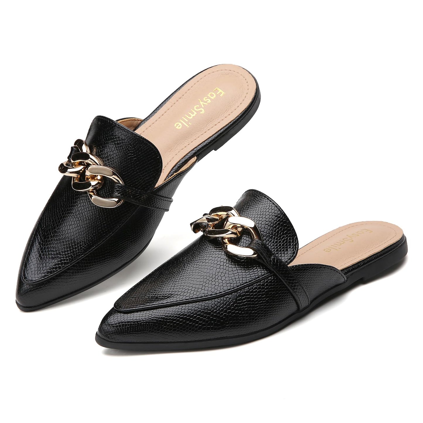 Metal Chain Decor Flat Mules for Women Closed Pointed Toe Slip on Loafers Slides Backless Mules Shoes