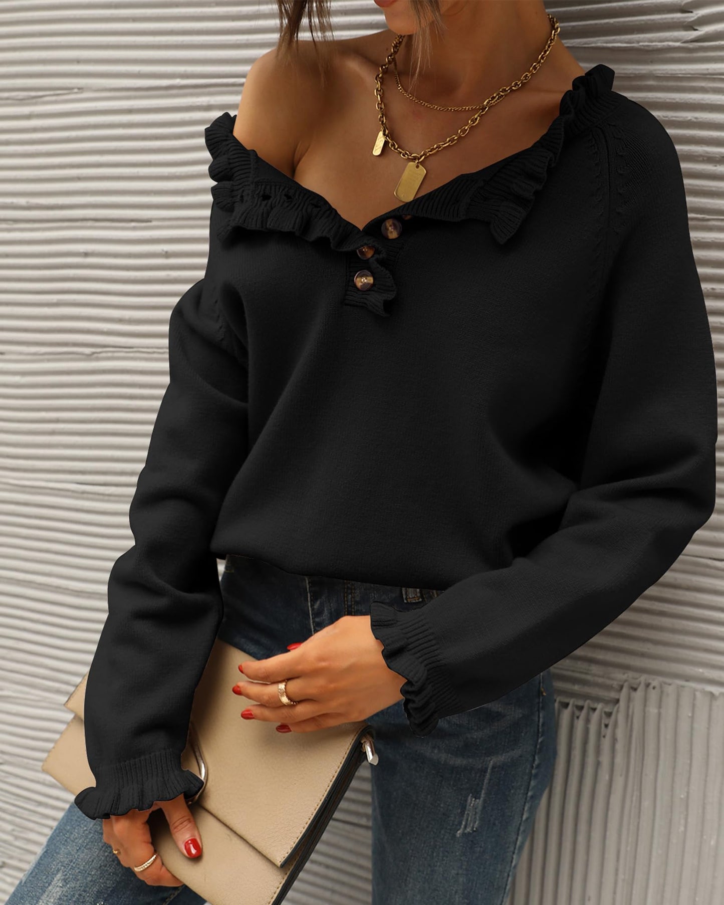 BTFBM 2024 Womens Sweaters Fall Winter Outfits Long Sleeve Button Down Ruffle Crew Neck Casual Knitted Pullover Tops