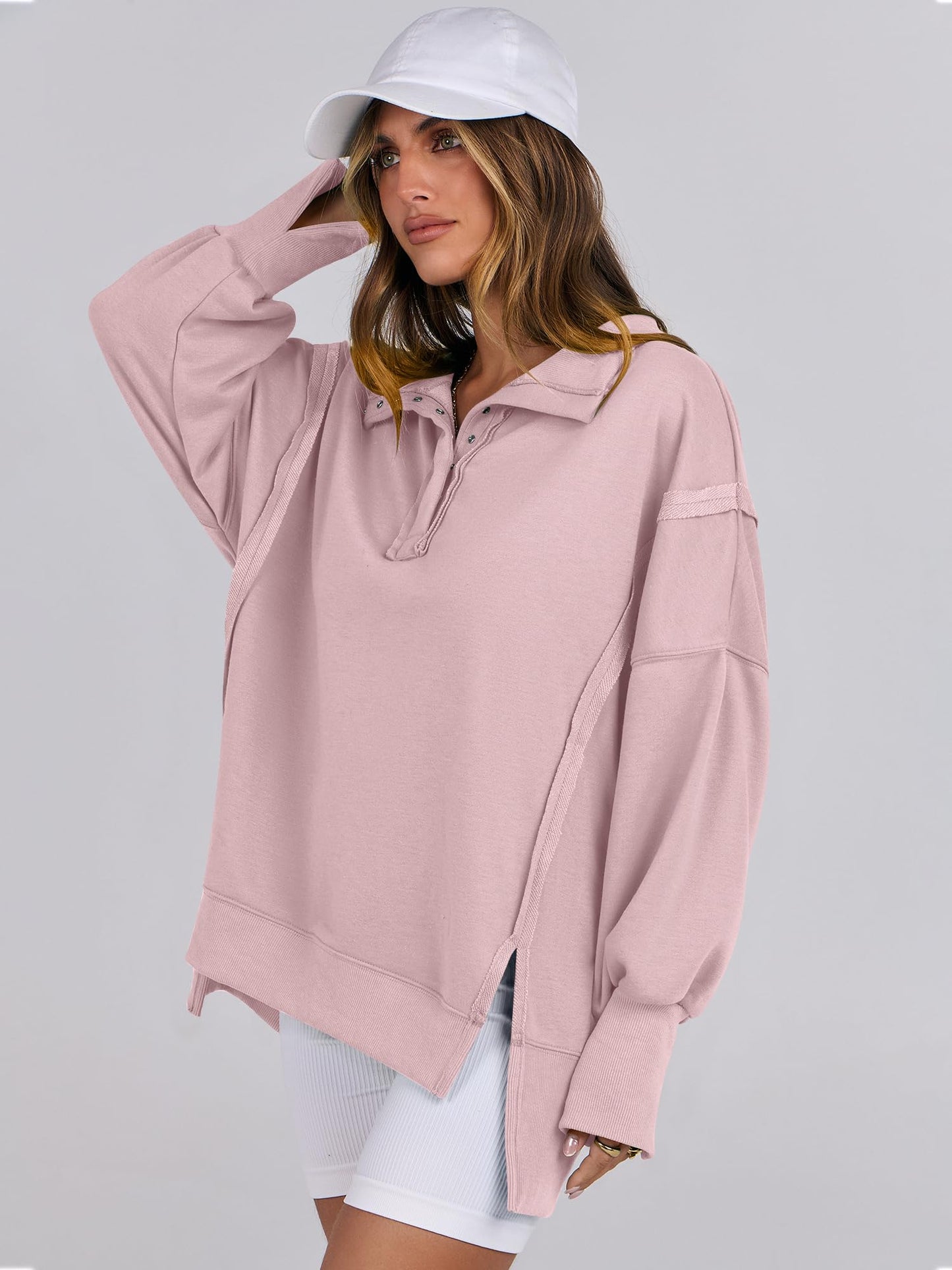 ANRABESS Women's Sweatshirts Oversized Casual Loose Button Up Henley Pullover Top High Low Split 2024 Fall Fashion Outfits