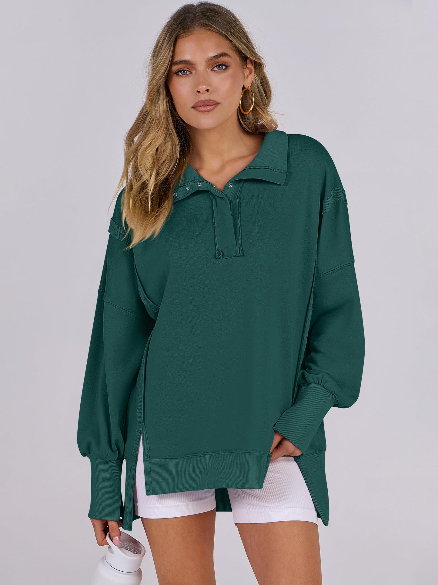 ANRABESS Women's Sweatshirts Oversized Casual Loose Button Up Henley Pullover Top High Low Split 2024 Fall Fashion Outfits