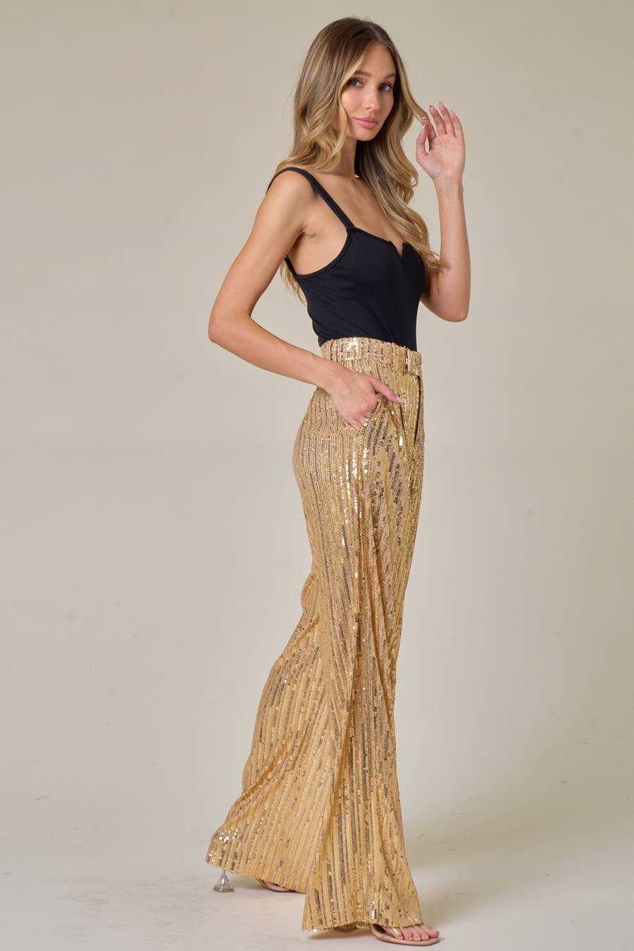WISTERIA LANE - SEQUINS WIDE LEG PANTS - GOLD 2406