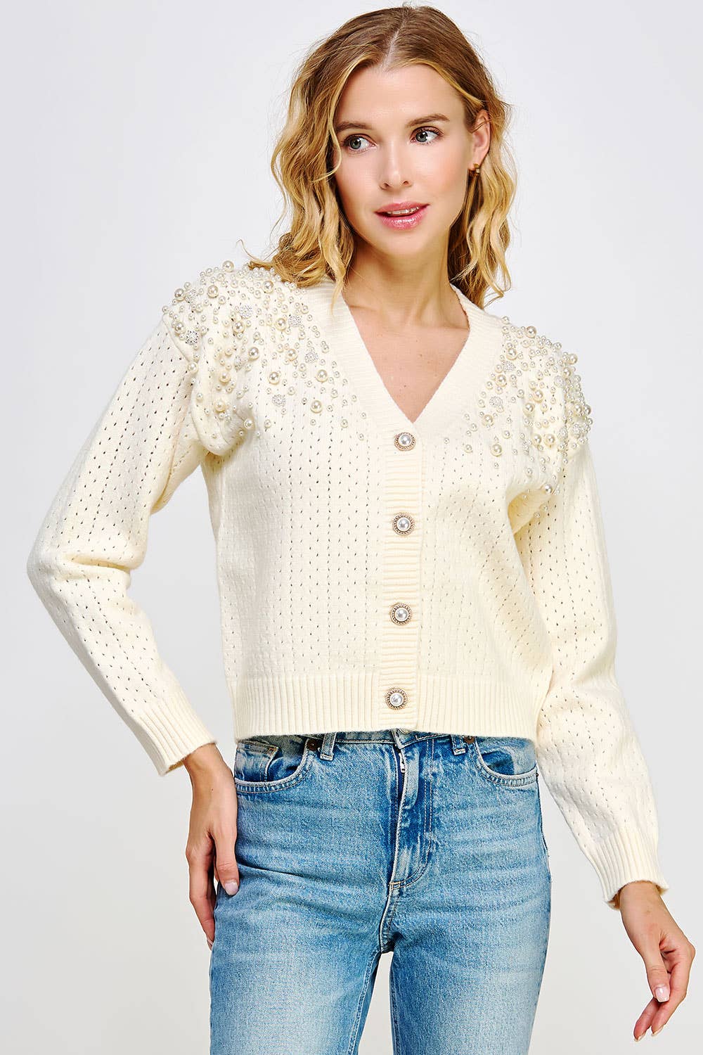 Strut & Bolt - Pearl Studded Eyelet Knit Cardigan Sweater