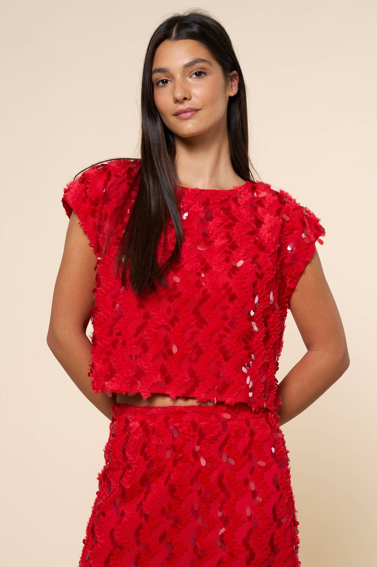 Lalavon - ILT5786 Short Sleeve Sequin Top