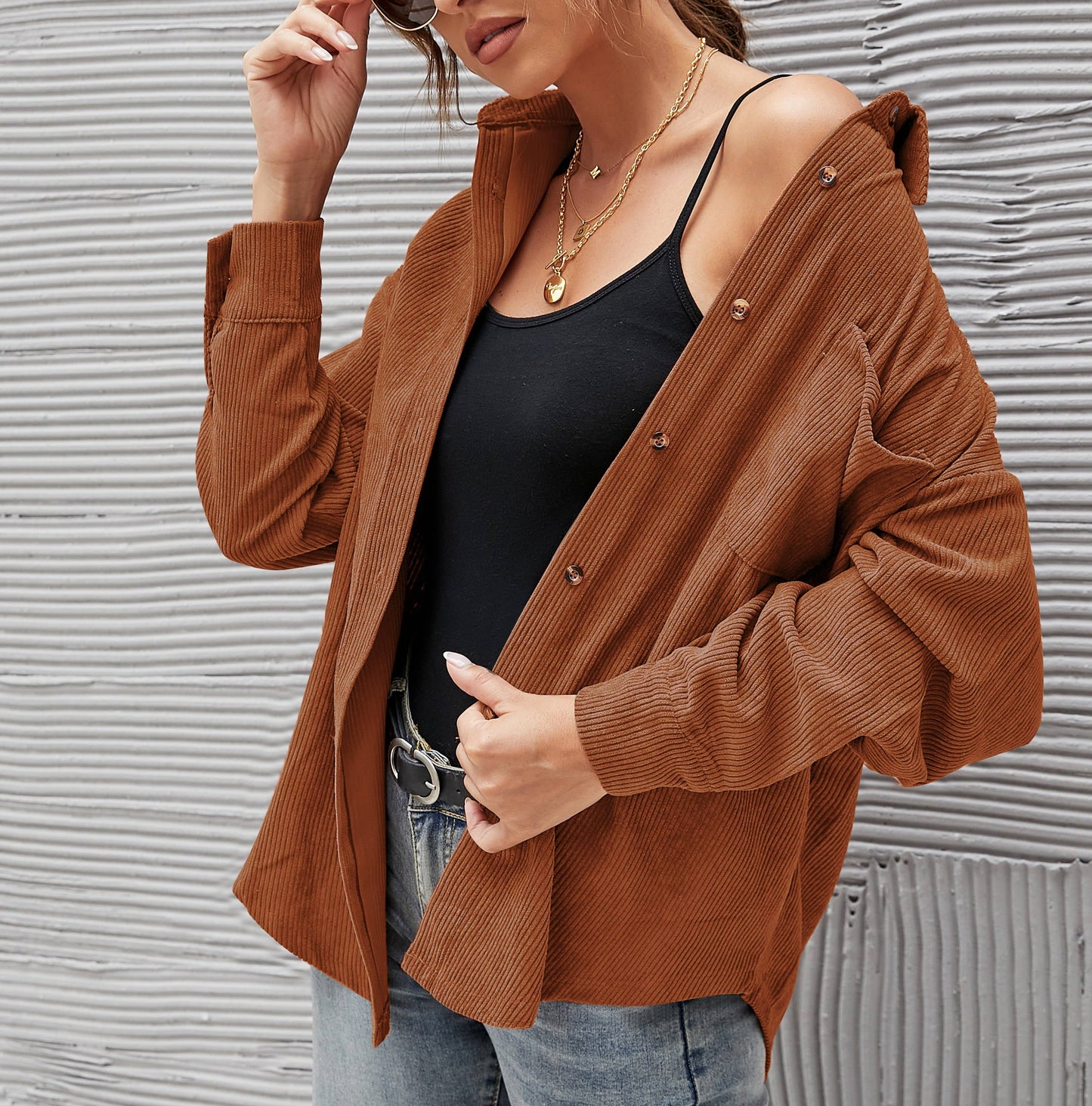 Rosa Clothing - Corduroy Oversized Solid Shacket: Caramel / S