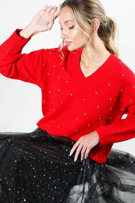 Vine & Love - V-Neck Rhinestone Trim Detail Knitted Sweater Top VT81546-1