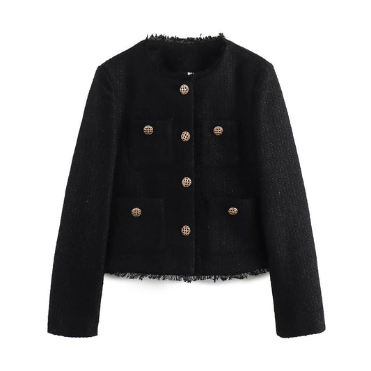 Rosa Clothing - Elegant Vintage Pocket Cropped Jacket: Black / M