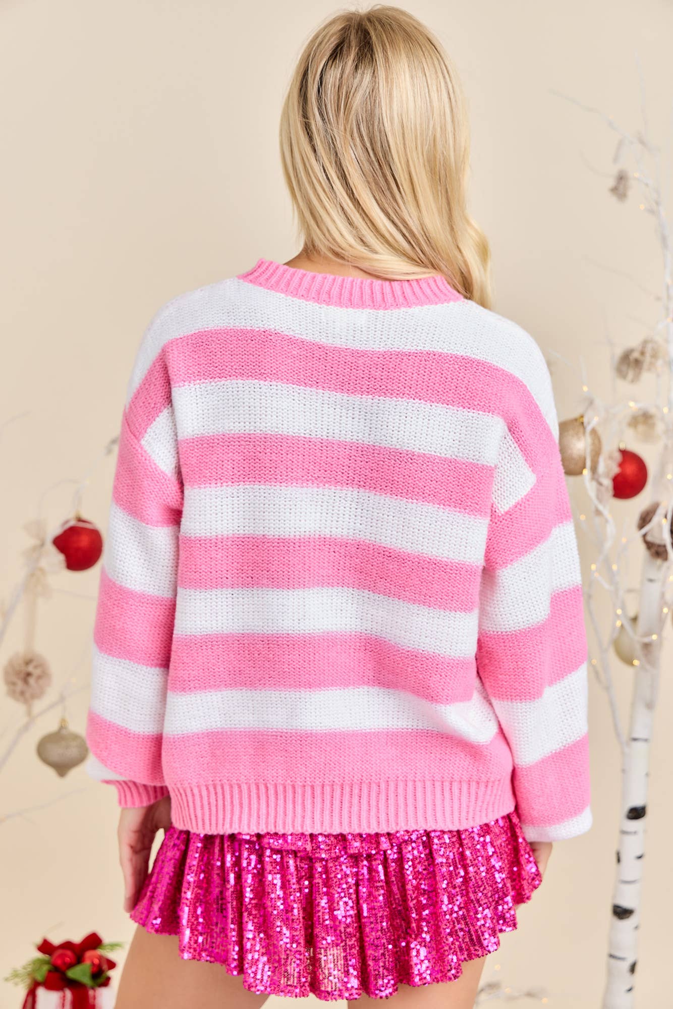 Main Strip - Santa Baby Pink Stripe Knit Sweater Festive Holiday Pullover