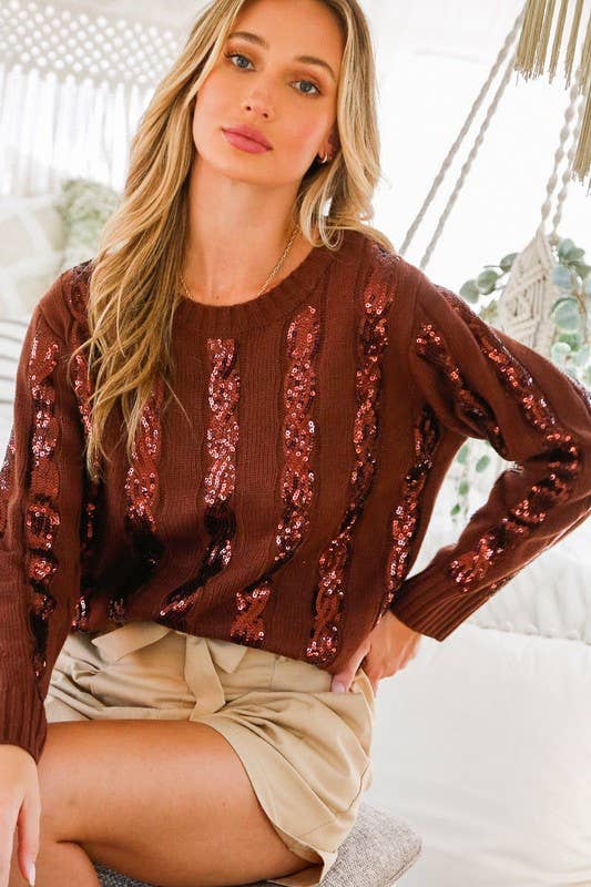 Vine & Love - Cable Sequin Detail Crew Neck Knitted Sweater Top VT70164