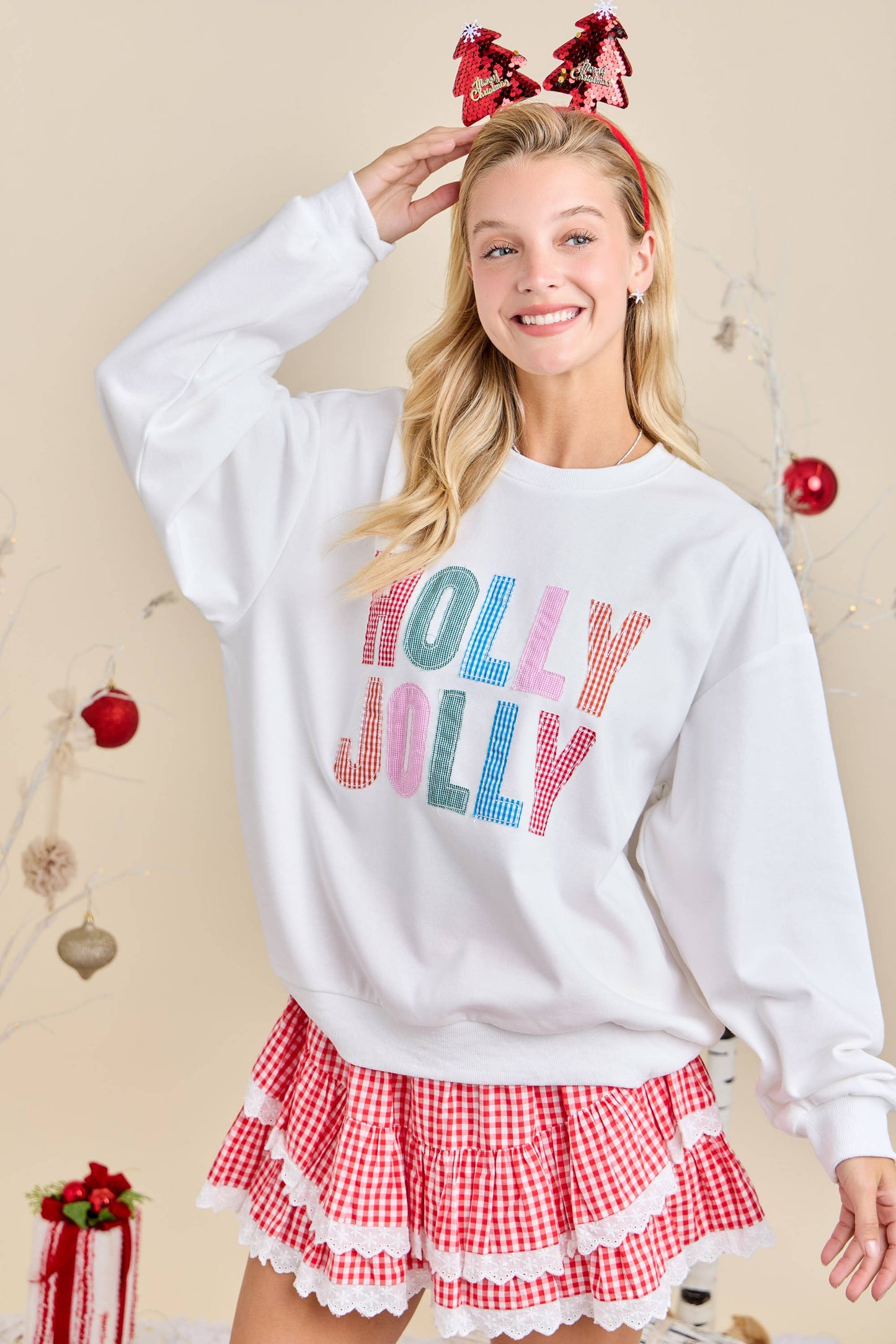 Main Strip - Holly Jolly White Holiday Sweatshirt Festive Winter Pullover