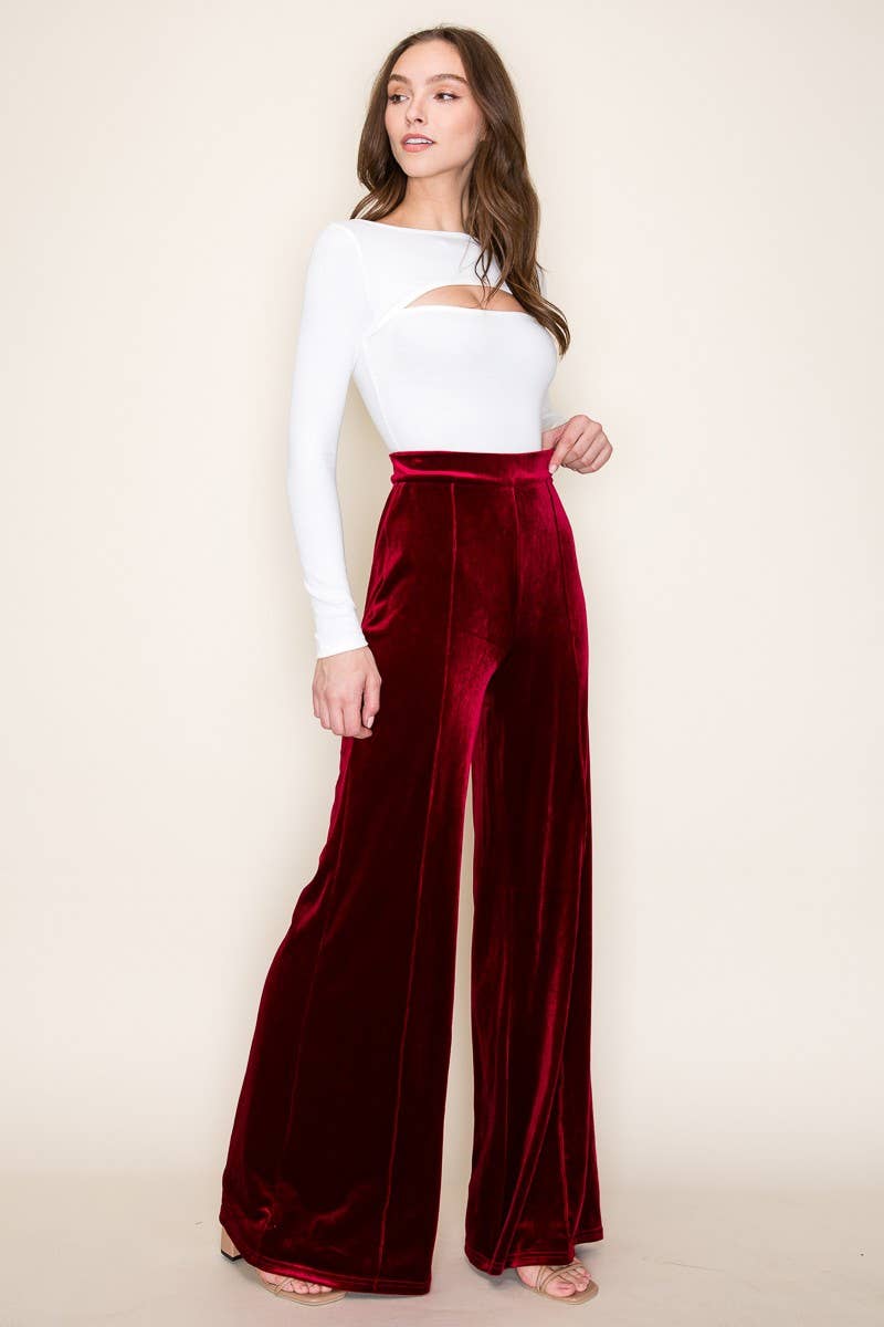 WISTERIA LANE - VELVET PALAZZO TROUSER PANTS 2422PIA WINE