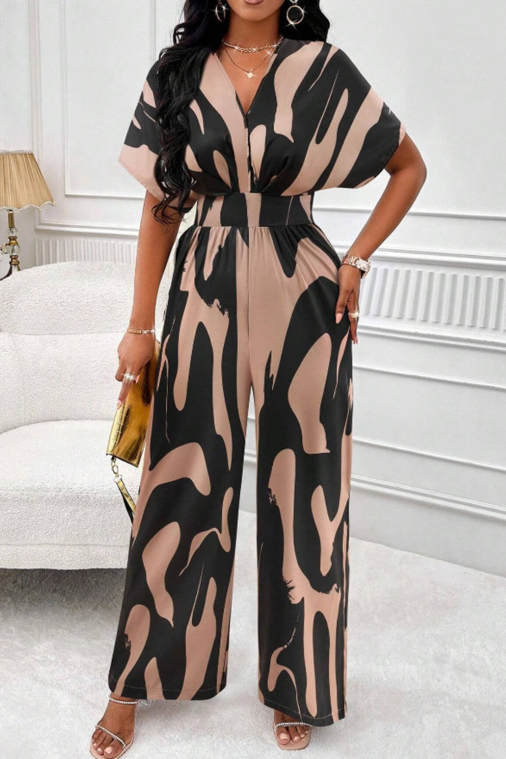 Printed V-Neck Short Sleeve Wide Leg Jumpsuit