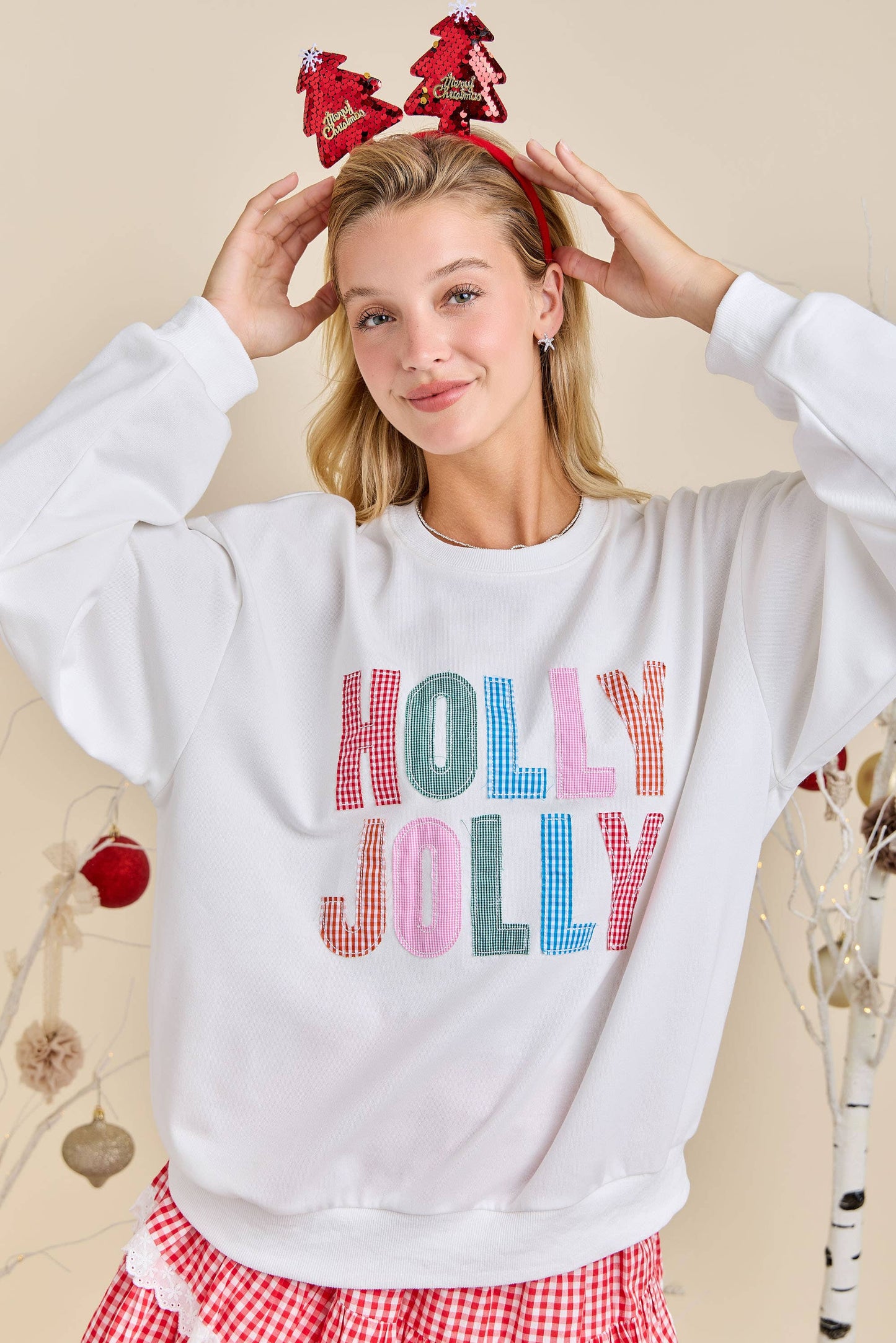Main Strip - Holly Jolly White Holiday Sweatshirt Festive Winter Pullover