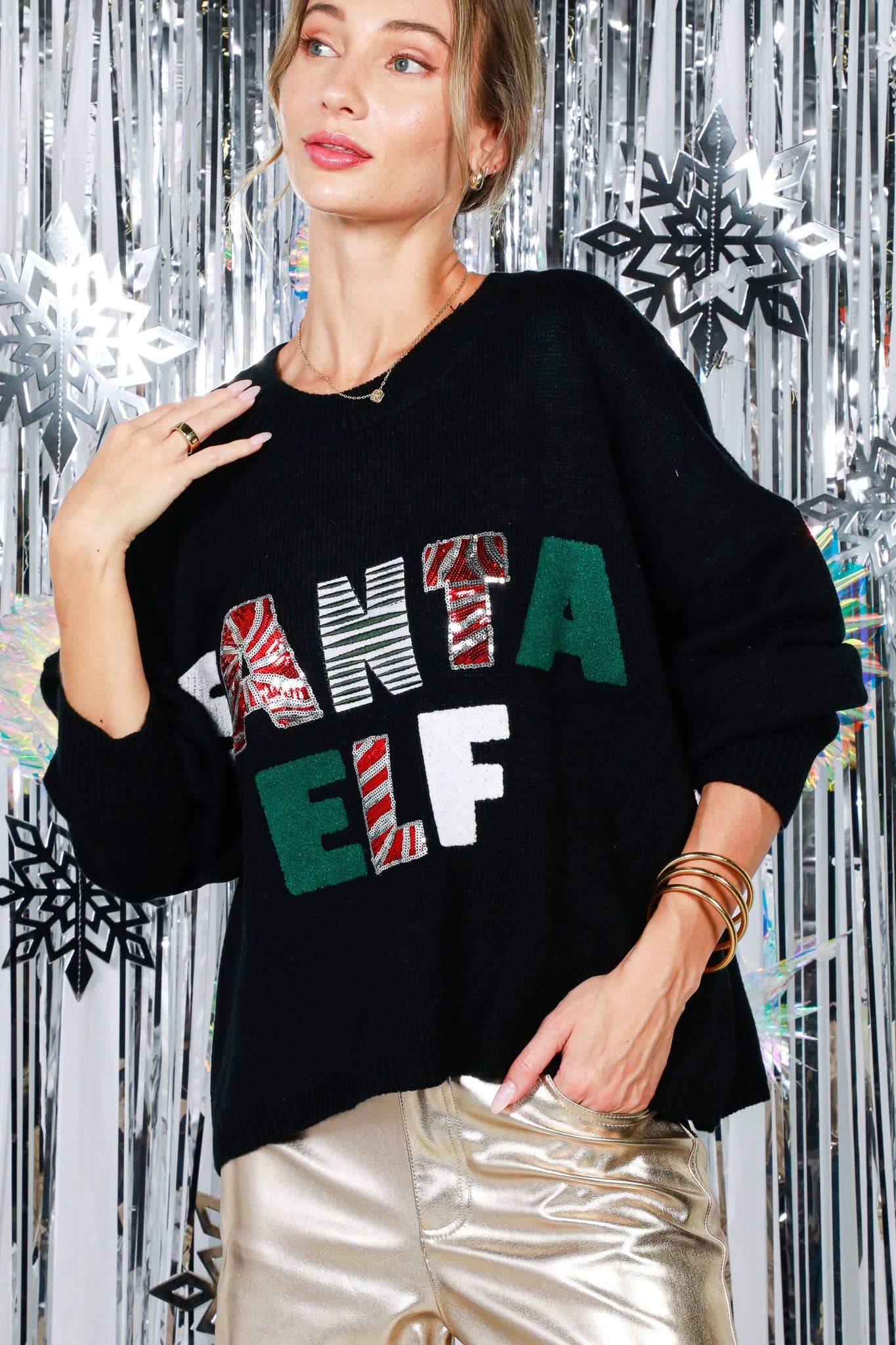 Vine & Love - SANTA ELF Sequin Embroidered Knitted Sweater Top VT82034-