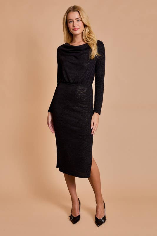 GILLI - Long Sleeve Cowl Neck Side Slit Midi Dress: Black-gold / L