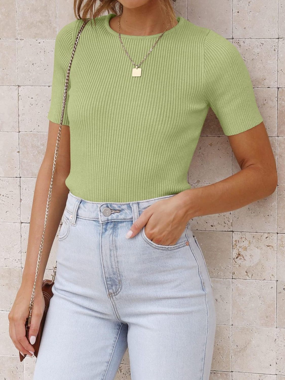 Mandy Ribbed Round Neck Short Sleeve Knit Top