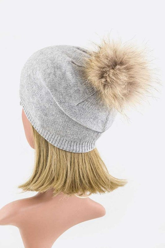 Raccoon Fur PomPom Pre-Sewed Slouchy Beanie