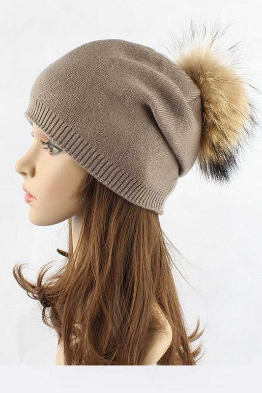 Raccoon Fur PomPom Pre-Sewed Slouchy Beanie