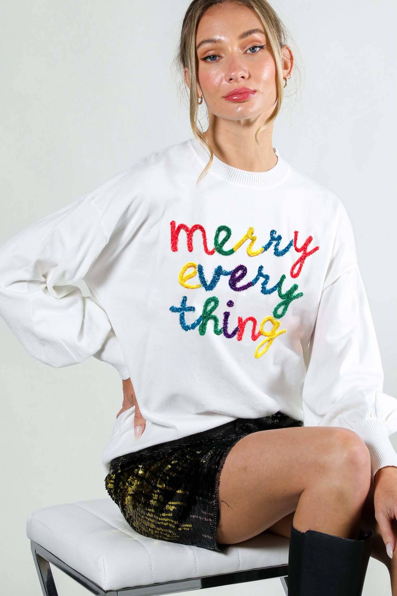 Vine & Love - Merry Everything Pop-Up Letter Graphic Knit Sweater VT81729