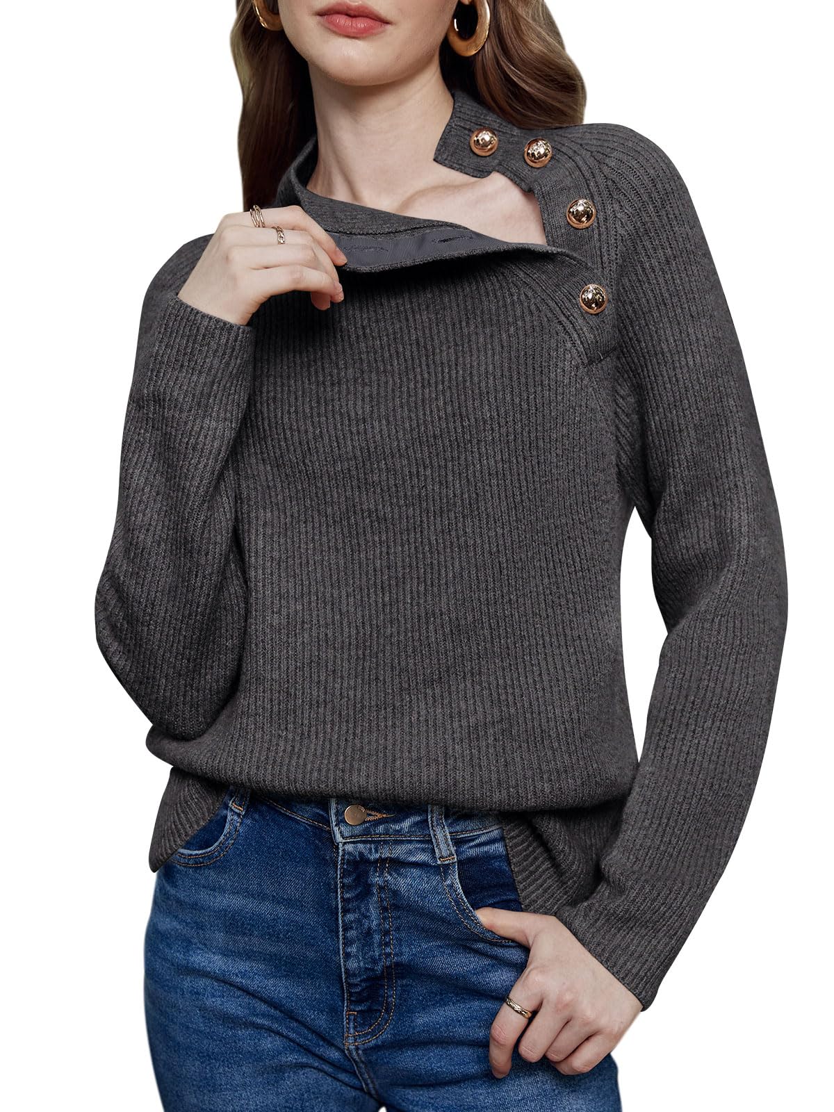 Women's Long Sleeve Ribbed Knit Sweater 2024 Fall Winter Casual Turtleneck Pullover Tops with Metal Buttons