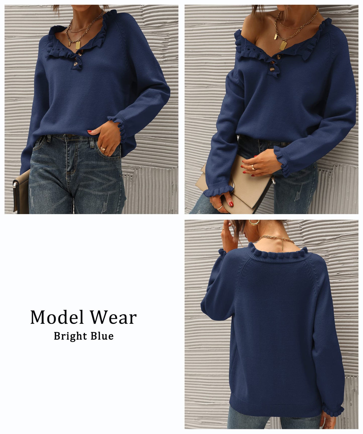 BTFBM 2024 Womens Sweaters Fall Winter Outfits Long Sleeve Button Down Ruffle Crew Neck Casual Knitted Pullover Tops