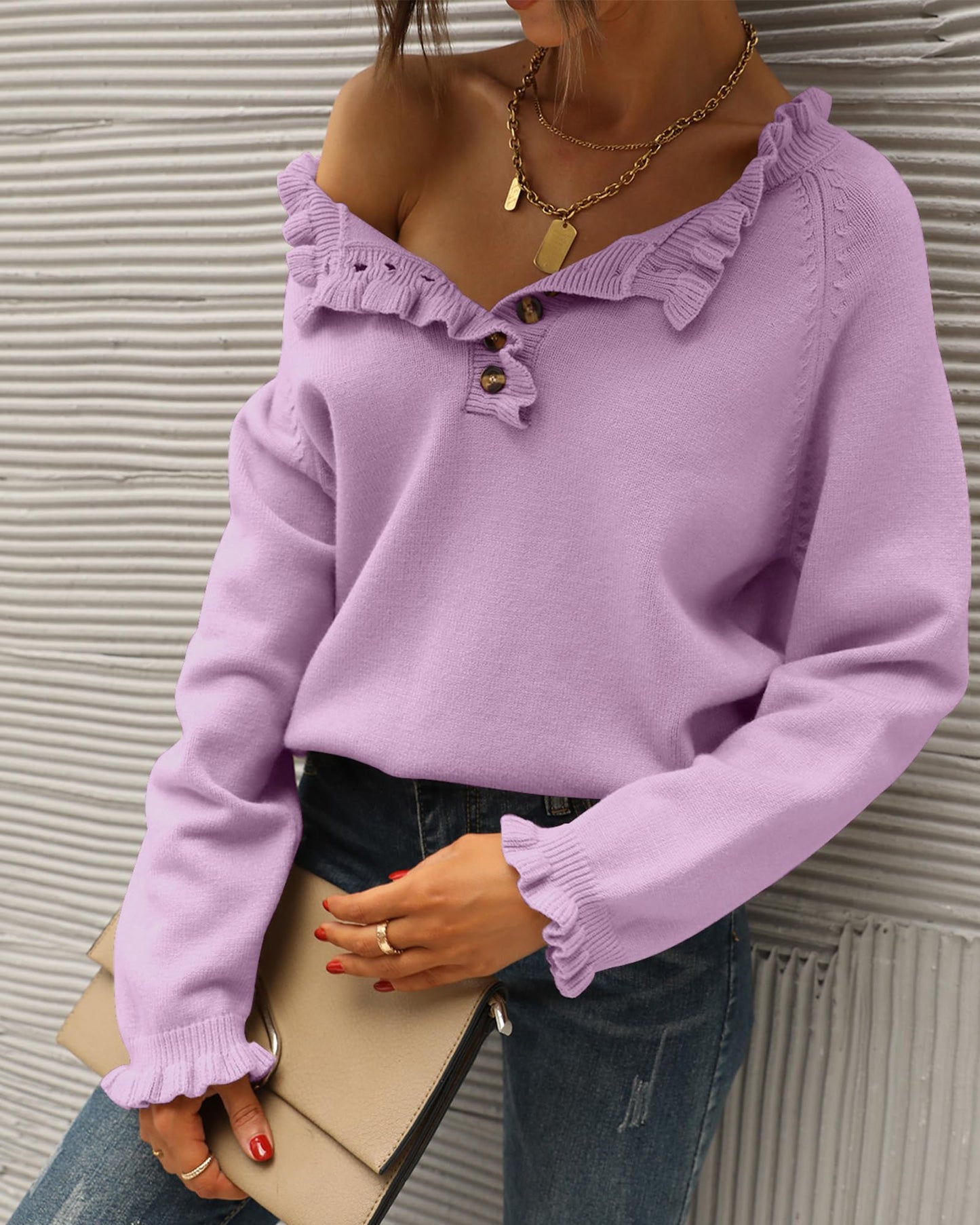 BTFBM 2024 Womens Sweaters Fall Winter Outfits Long Sleeve Button Down Ruffle Crew Neck Casual Knitted Pullover Tops