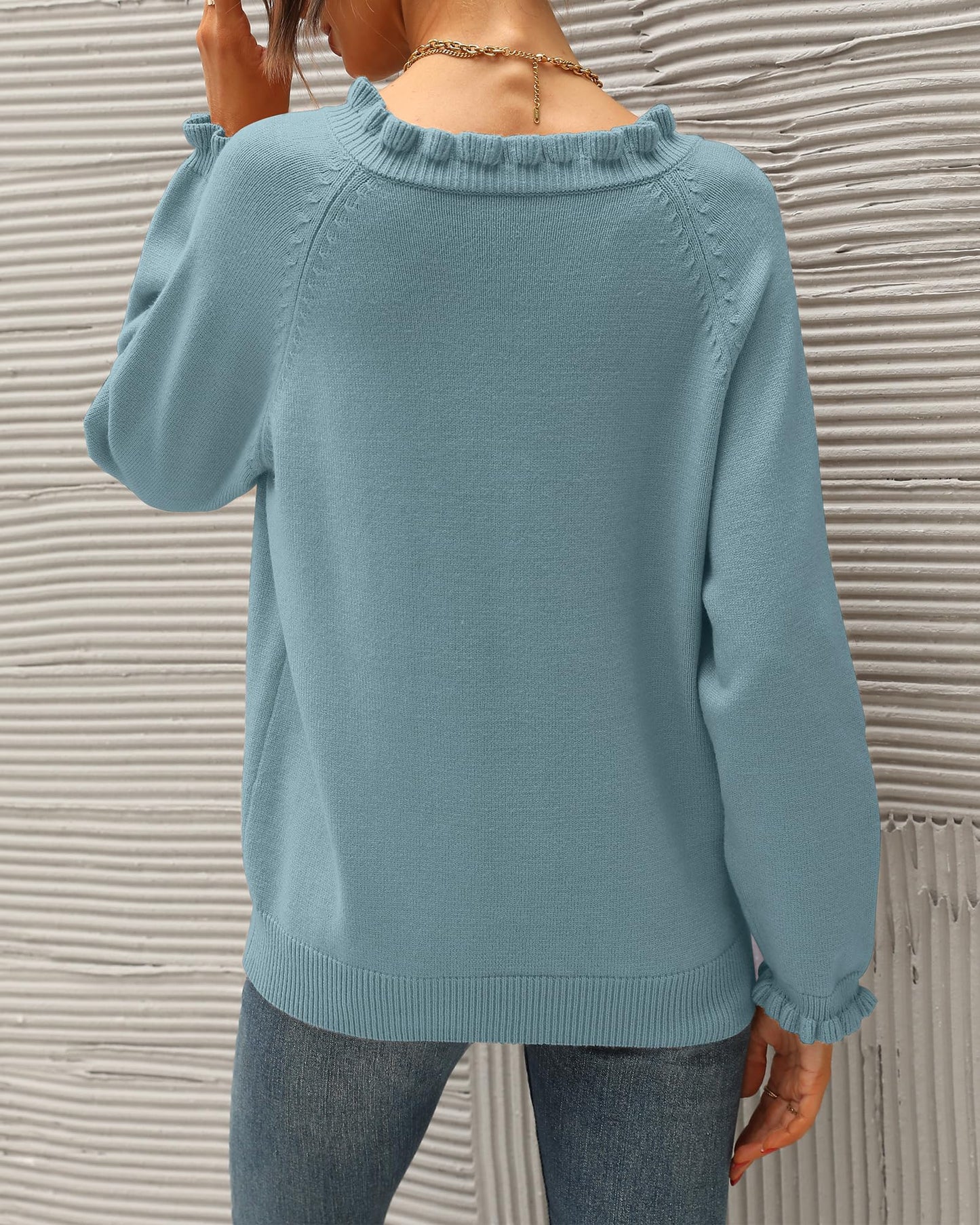 BTFBM 2024 Womens Sweaters Fall Winter Outfits Long Sleeve Button Down Ruffle Crew Neck Casual Knitted Pullover Tops