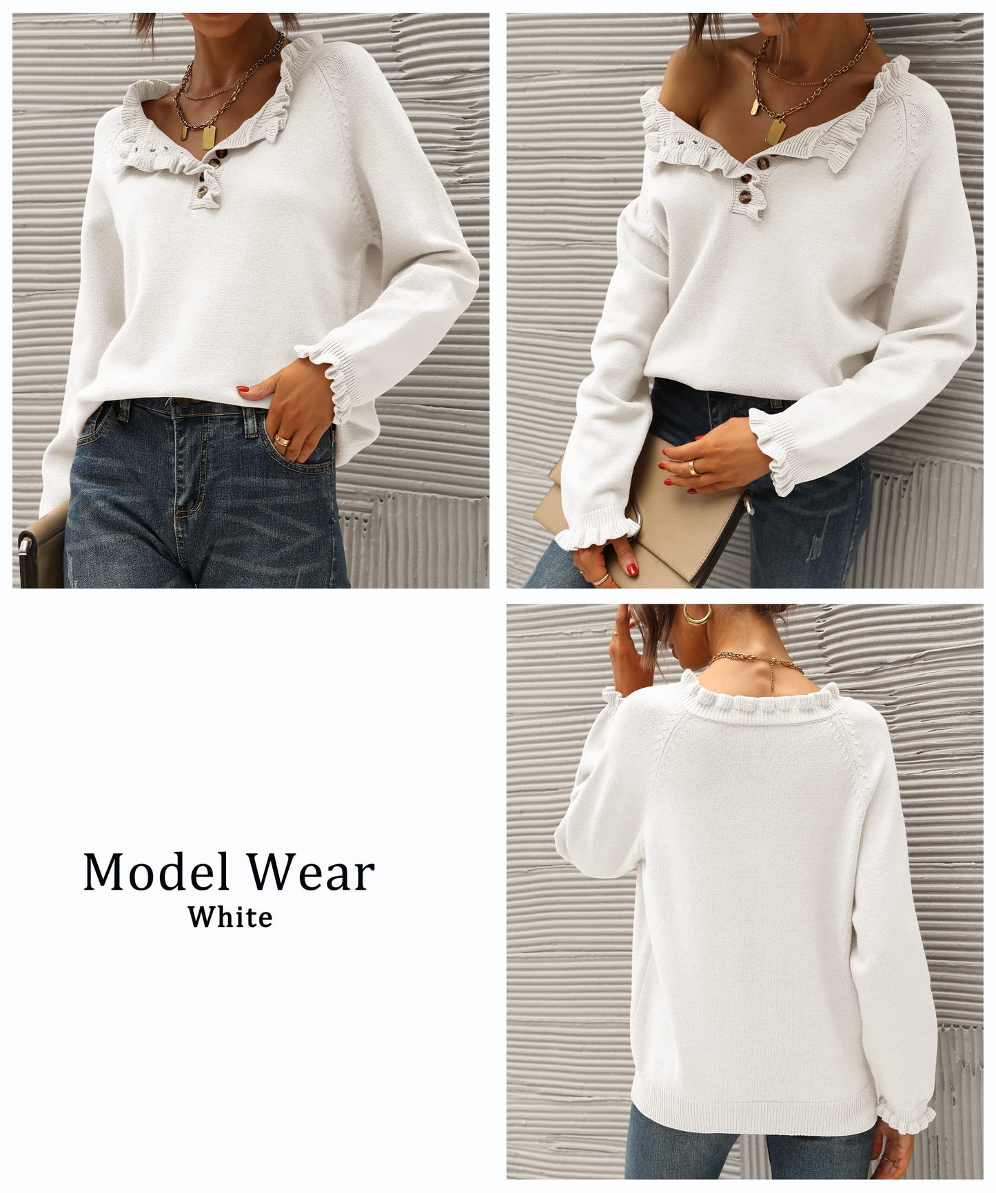 BTFBM 2024 Womens Sweaters Fall Winter Outfits Long Sleeve Button Down Ruffle Crew Neck Casual Knitted Pullover Tops