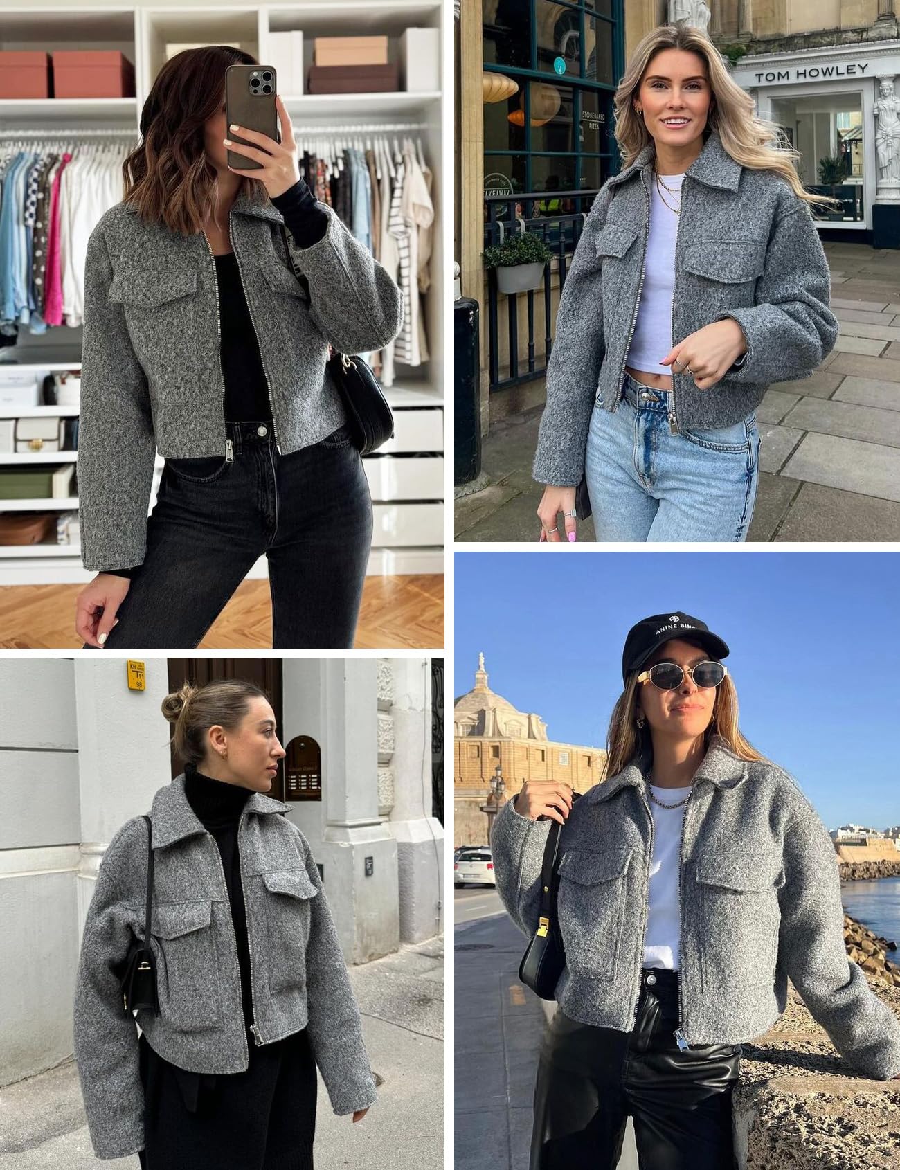 Wyeysyt Women's Wool Coat Lapel Zip Up Copped Bomber Jacket Outerwear with Pockets 2024