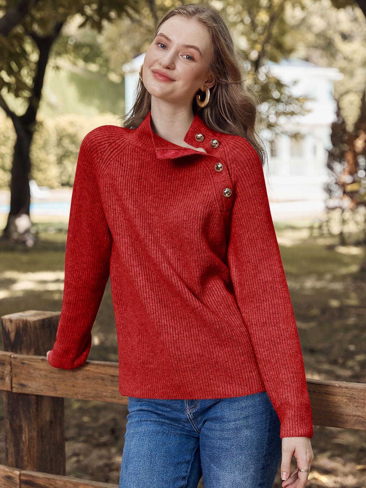 Women's Long Sleeve Ribbed Knit Sweater 2024 Fall Winter Casual Turtleneck Pullover Tops with Metal Buttons