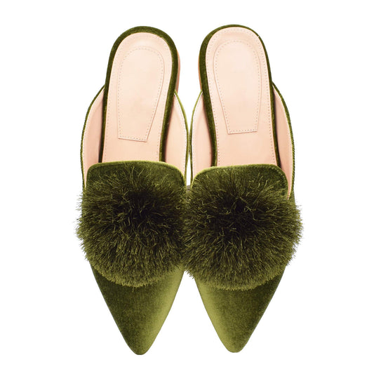 Fericzot Slip On Mule Backless Loafers Flats Puff PomPom Pointed Toe Casual Shoes Slippers