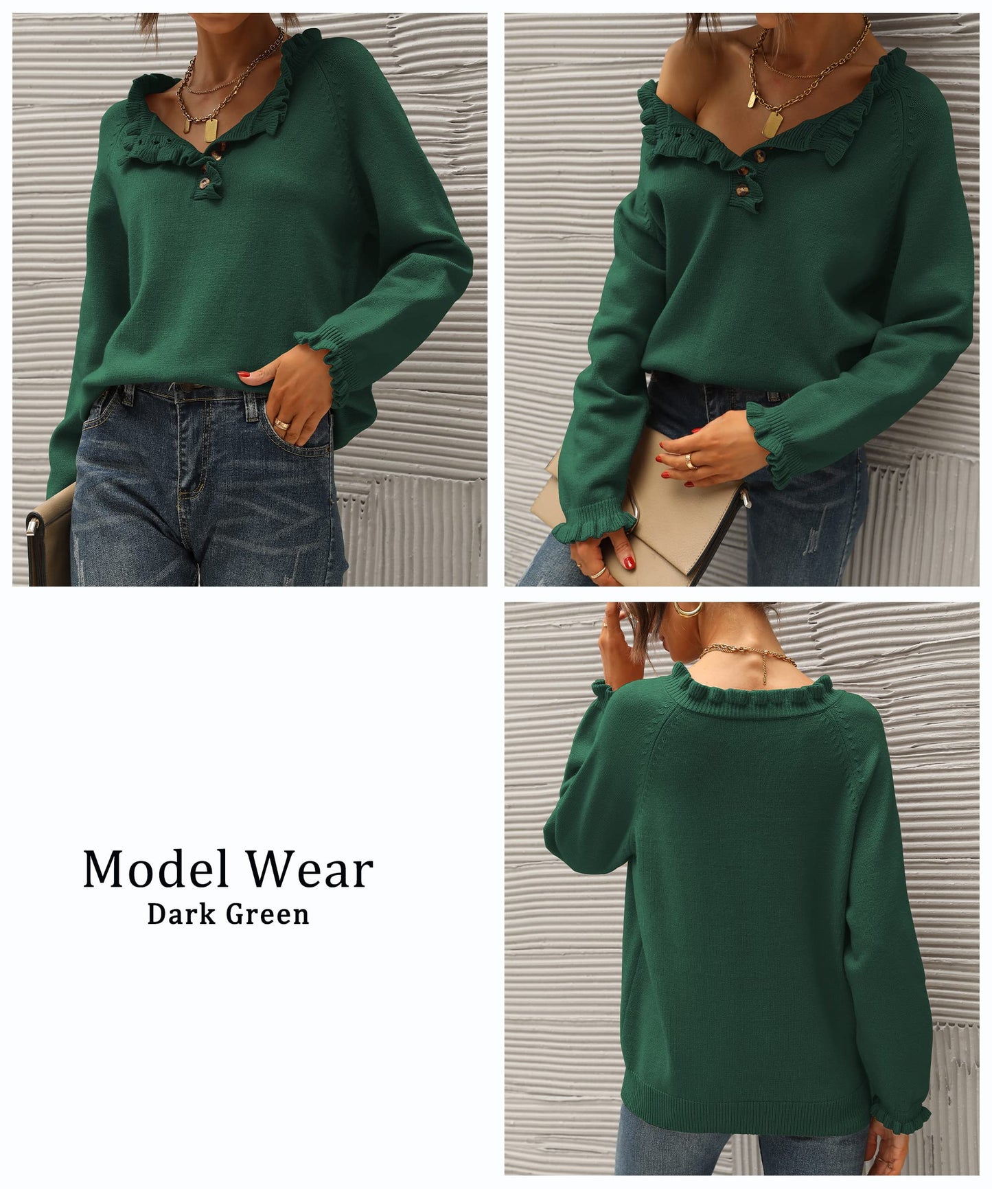 BTFBM 2024 Womens Sweaters Fall Winter Outfits Long Sleeve Button Down Ruffle Crew Neck Casual Knitted Pullover Tops