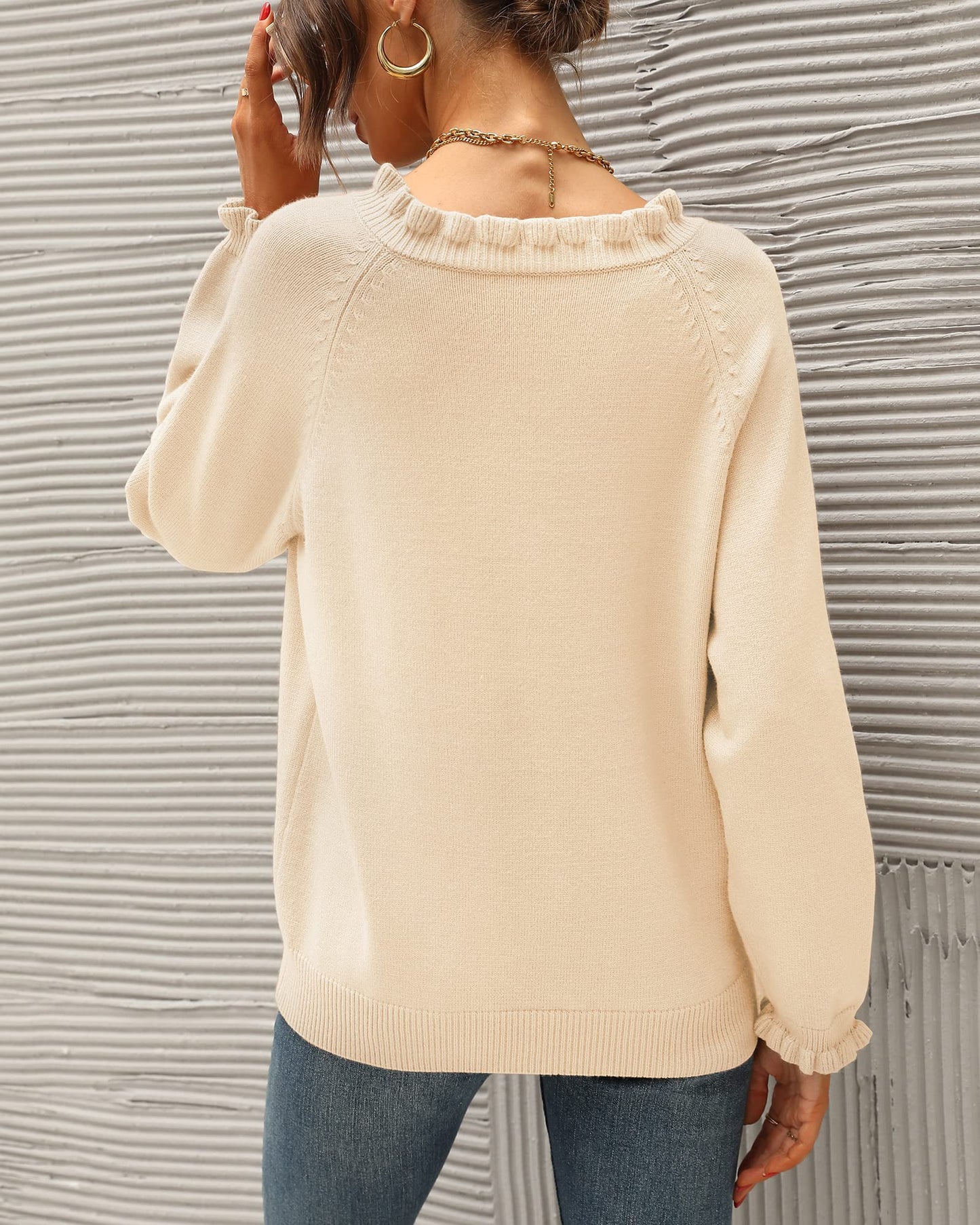 BTFBM 2024 Womens Sweaters Fall Winter Outfits Long Sleeve Button Down Ruffle Crew Neck Casual Knitted Pullover Tops