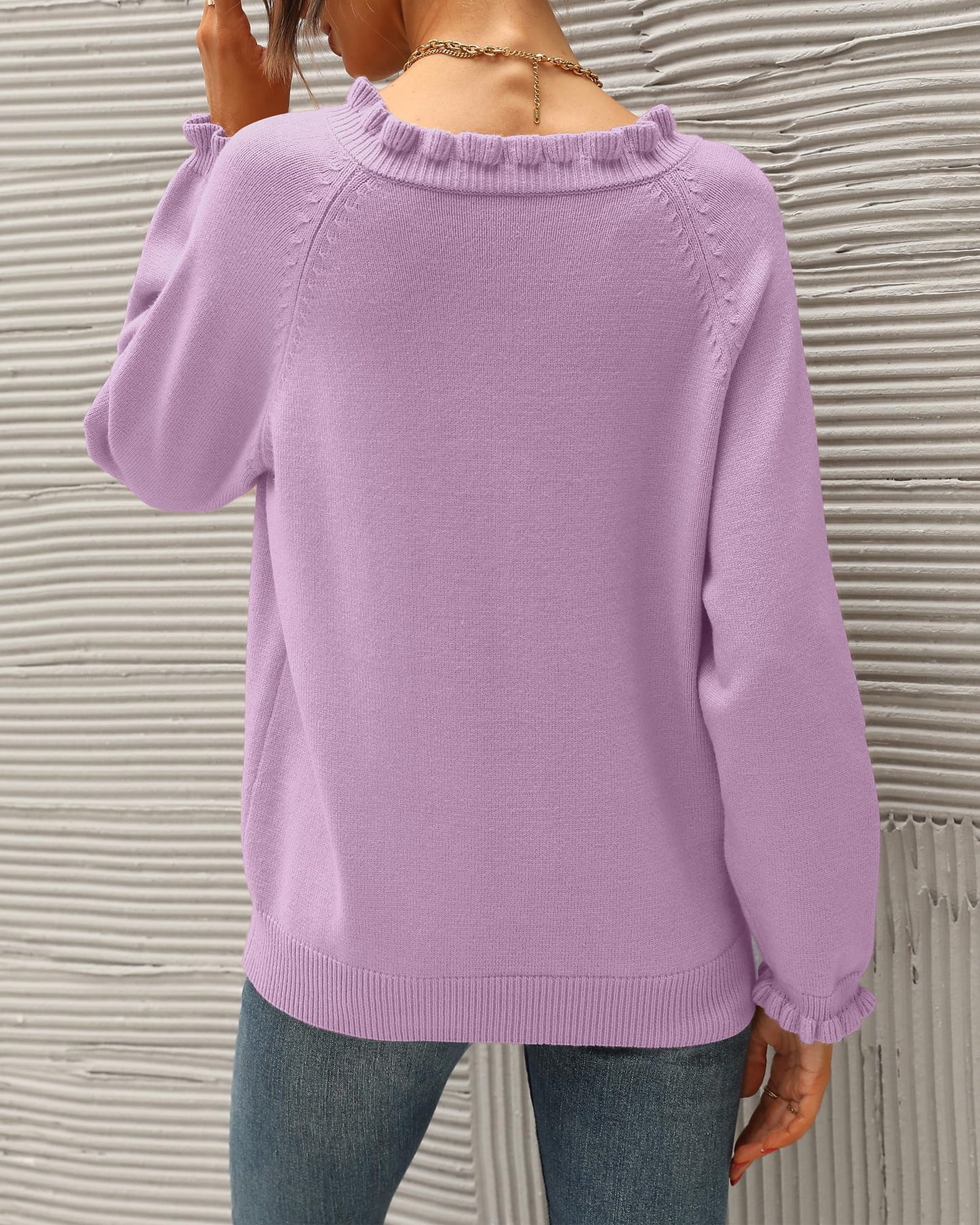 BTFBM 2024 Womens Sweaters Fall Winter Outfits Long Sleeve Button Down Ruffle Crew Neck Casual Knitted Pullover Tops