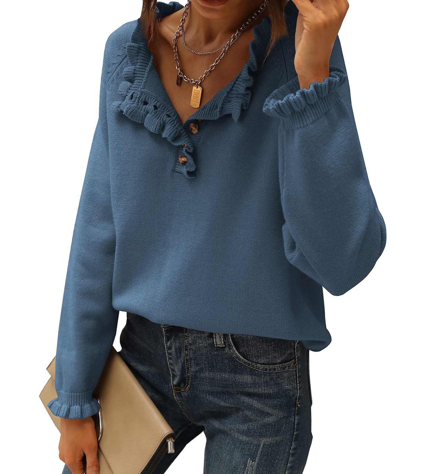 BTFBM 2024 Womens Sweaters Fall Winter Outfits Long Sleeve Button Down Ruffle Crew Neck Casual Knitted Pullover Tops