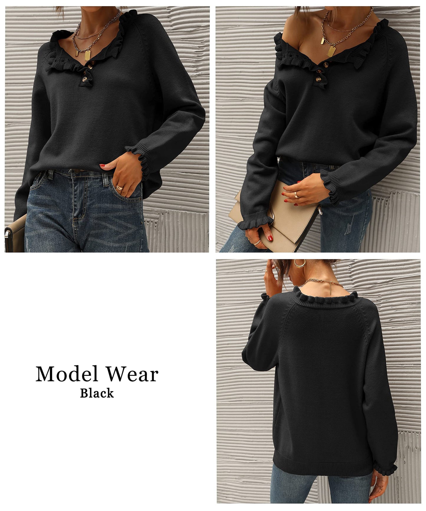 BTFBM 2024 Womens Sweaters Fall Winter Outfits Long Sleeve Button Down Ruffle Crew Neck Casual Knitted Pullover Tops