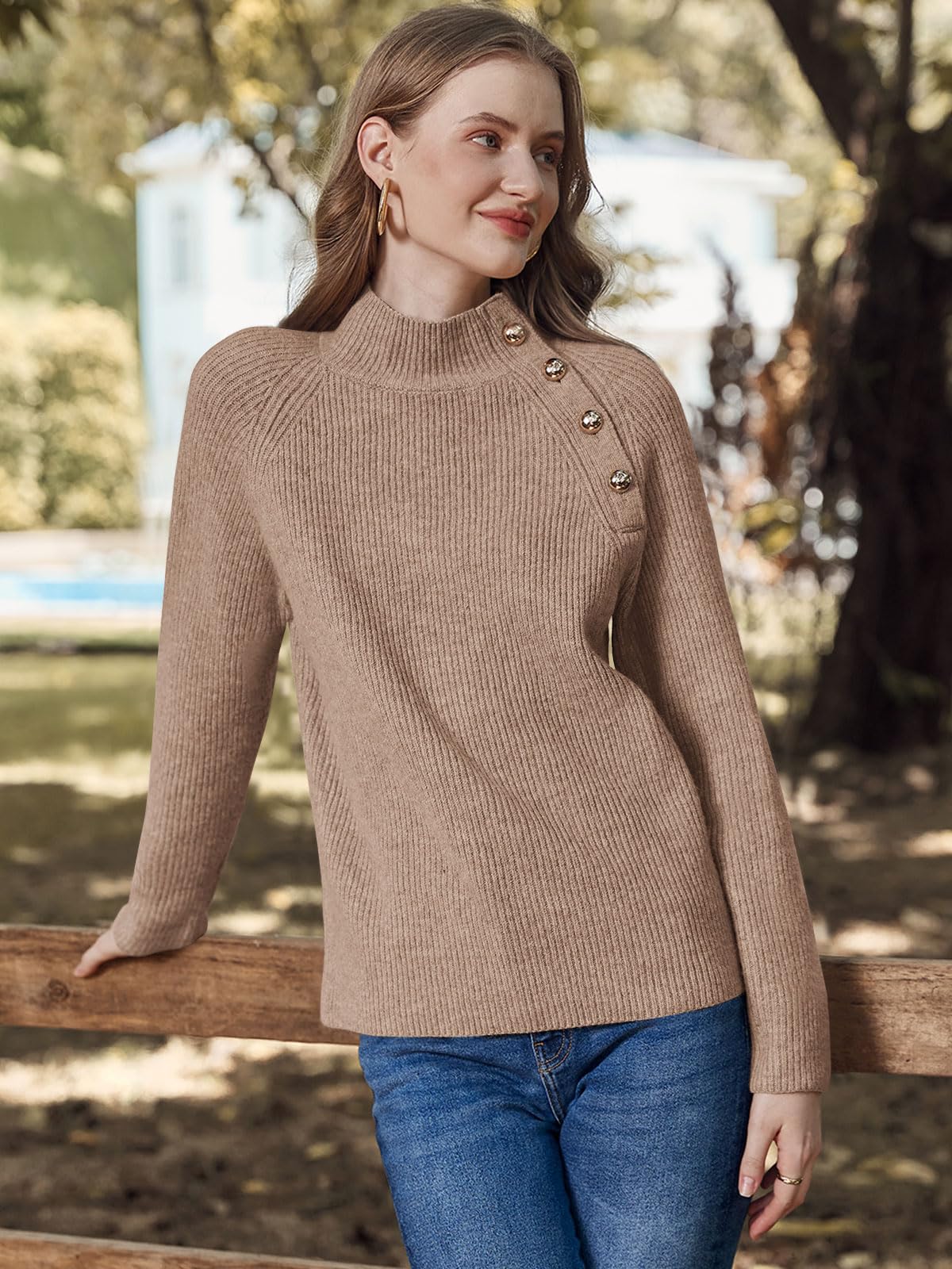 Women's Long Sleeve Ribbed Knit Sweater 2024 Fall Winter Casual Turtleneck Pullover Tops with Metal Buttons