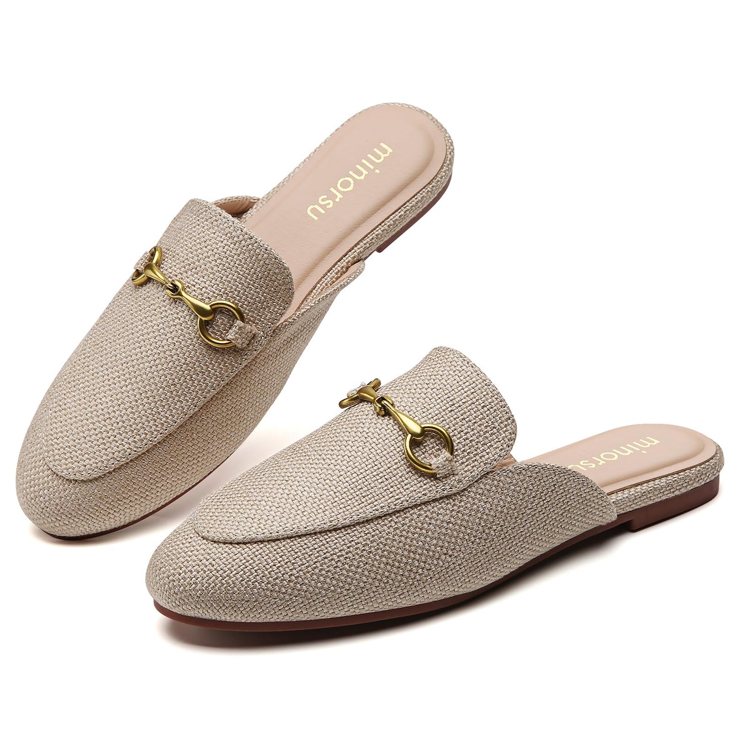 Minorsu Buckle Mules for Women Round Toe Backless Flat Mules Slides Mules Shoes Ladies Slip-on Loafers