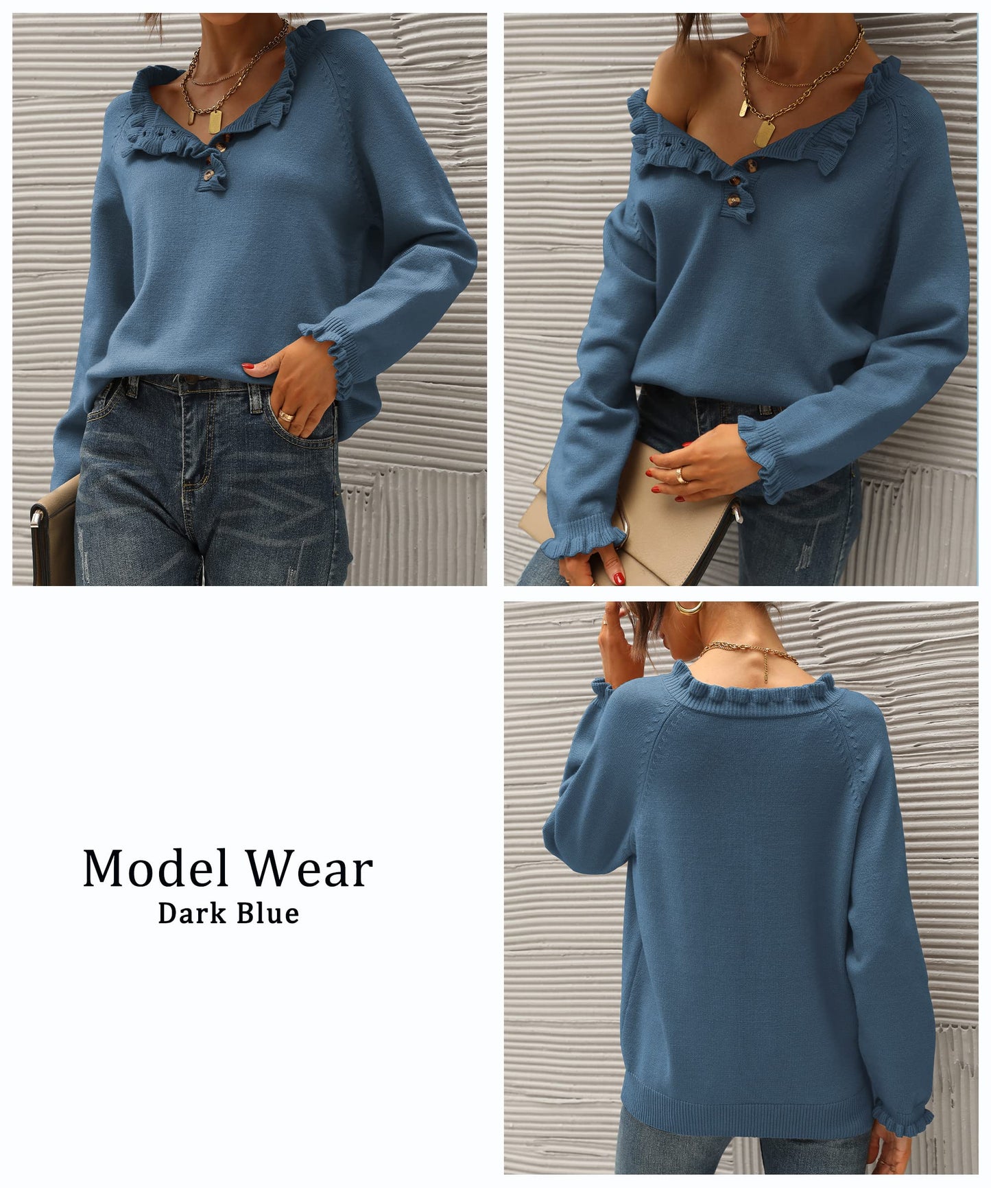 BTFBM 2024 Womens Sweaters Fall Winter Outfits Long Sleeve Button Down Ruffle Crew Neck Casual Knitted Pullover Tops