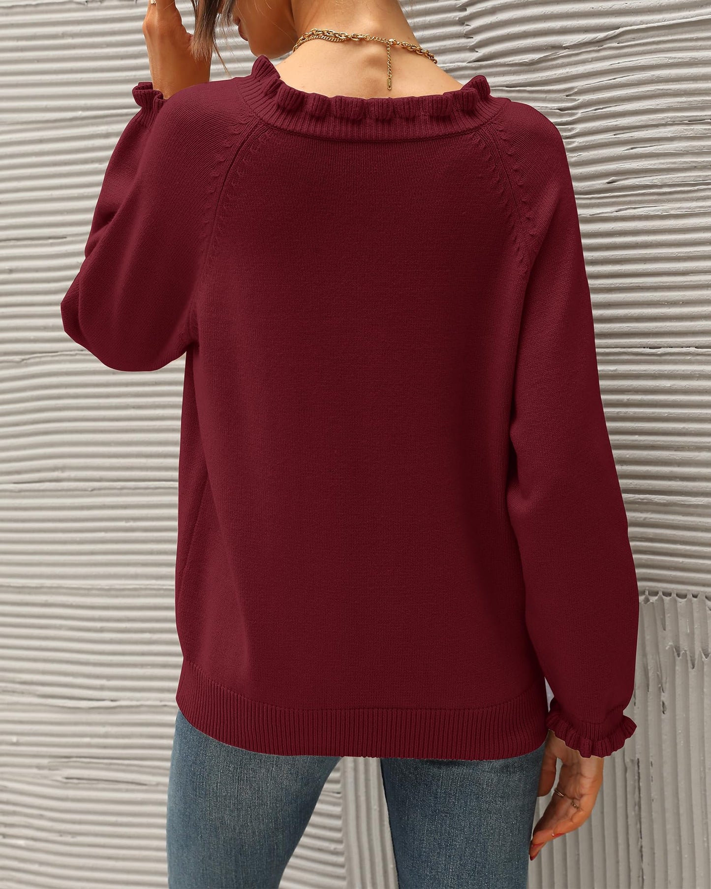 BTFBM 2024 Womens Sweaters Fall Winter Outfits Long Sleeve Button Down Ruffle Crew Neck Casual Knitted Pullover Tops