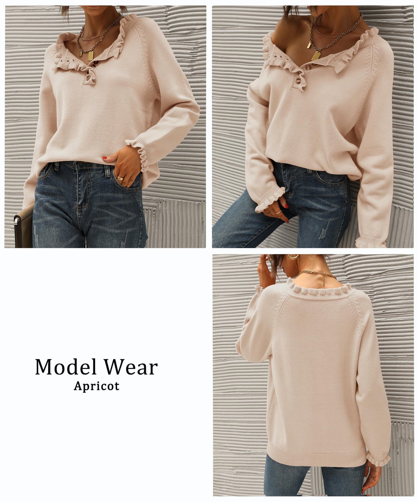 BTFBM 2024 Womens Sweaters Fall Winter Outfits Long Sleeve Button Down Ruffle Crew Neck Casual Knitted Pullover Tops