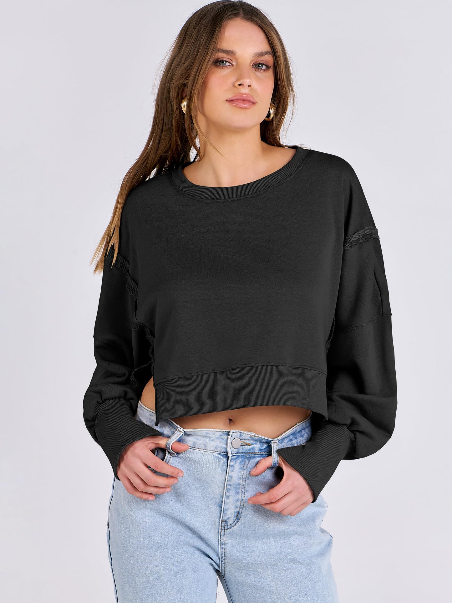 ANRABESS Womens Cropped Oversized Sweatshirts Crewneck Long Sleeve Pullover 2024 Fall Teen Girls Y2K Fashion Crop Tops